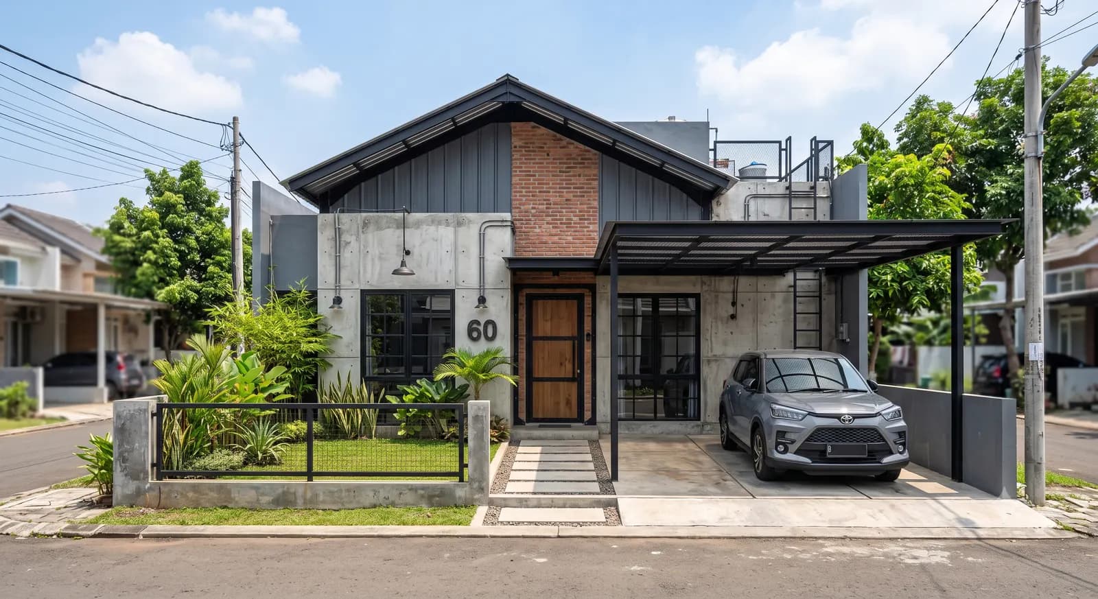 Rumah satu lantai berdinding beton ekspos dan bata merah, dengan carport beratap baja dan pagar besi rendah