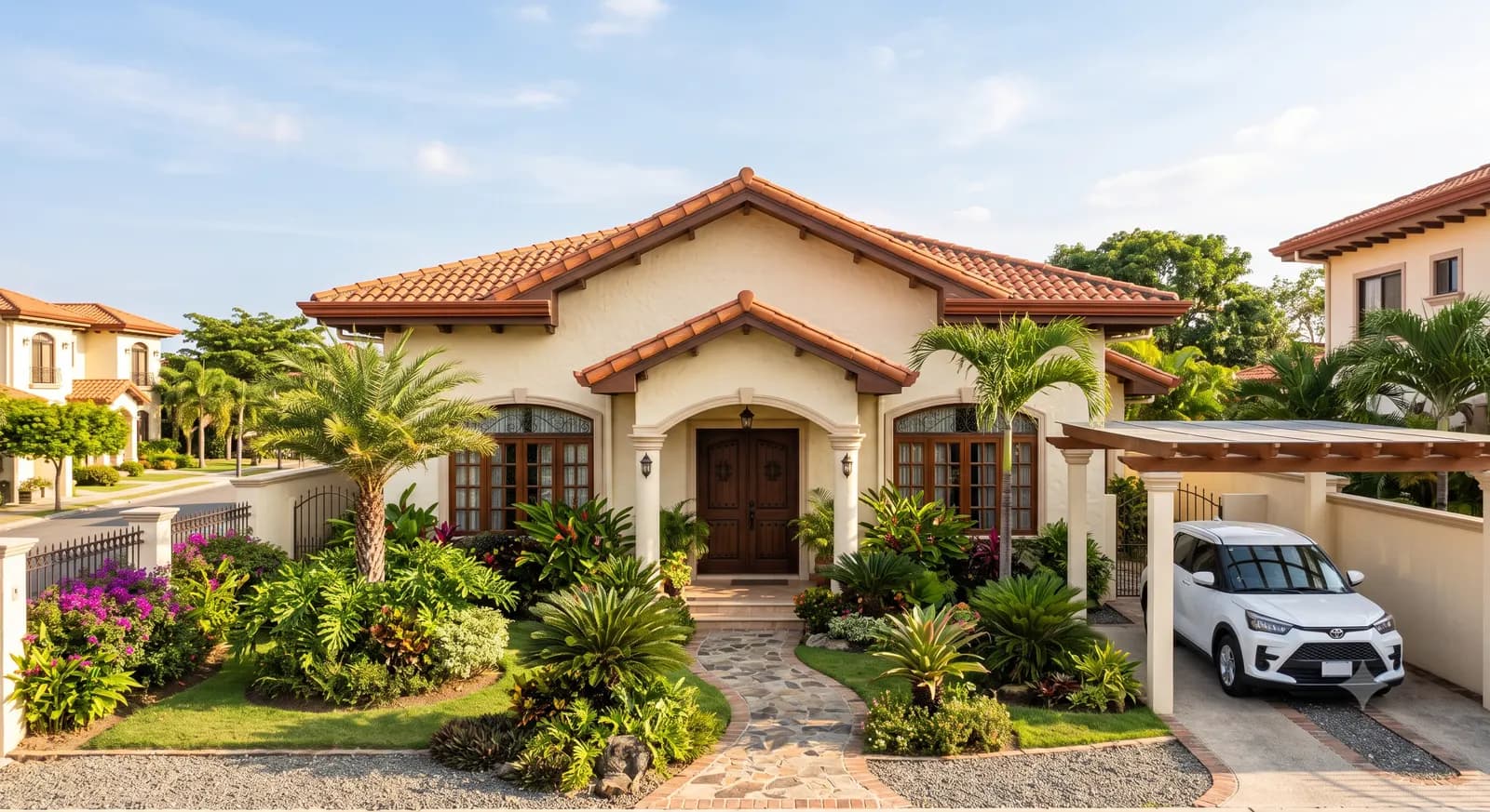 Rumah satu lantai bergaya mediteran beratap genteng terakota, dengan taman tropis di halaman depan dan mobil terparkir di carport